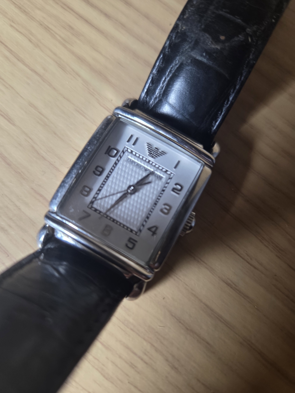 Emporio Armani Silver Square Dial Watch with Black Leather Strap